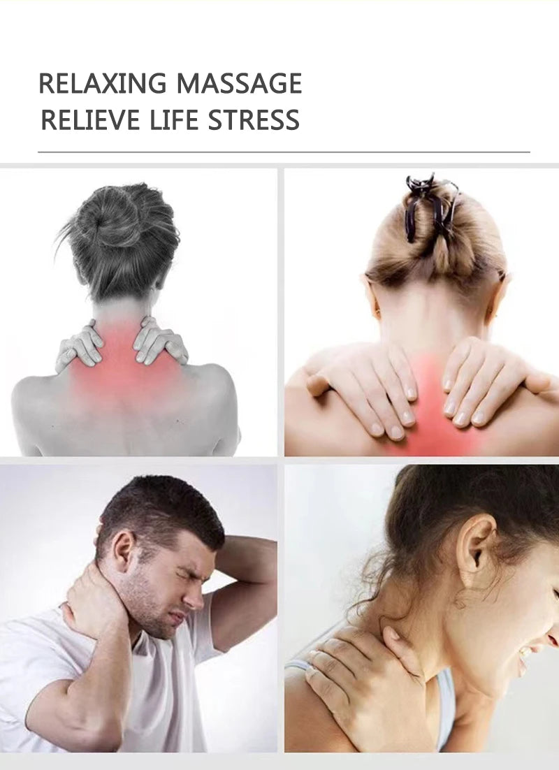 Four images showing people holding their necks and shoulders to highlight areas of muscle tension and pain.