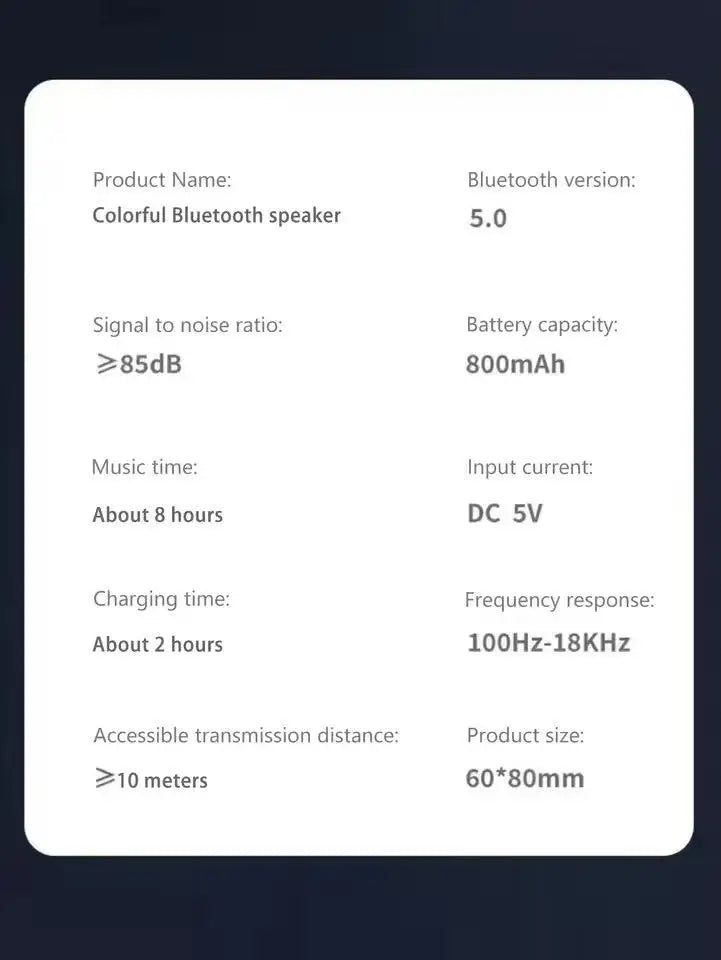 Technical specifications for a mini portable Bluetooth speaker, highlighting its 8-hour battery life and 10m range.
