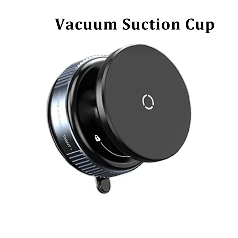 Black vacuum suction cup mount with a circular design, textured rim, and lock icon, isolated on a white background.