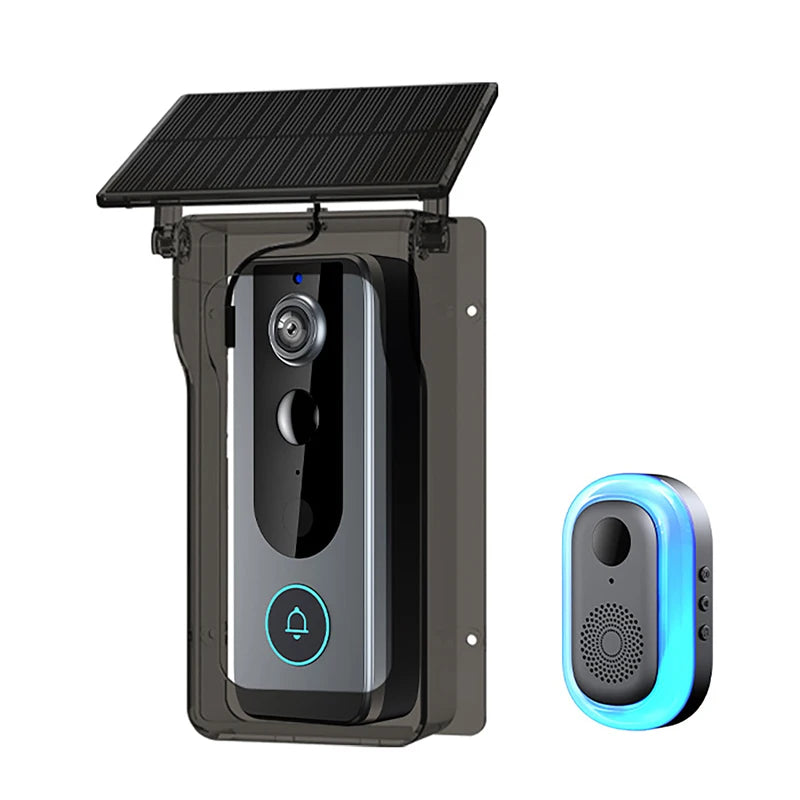 Wireless smart doorbell in a grey protective rain shield with solar panel, plus a matching LED indoor chime.