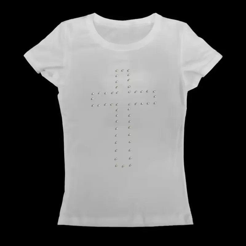 White short-sleeve t-shirt with a cross outline created from sparkling silver-tone rhinestones.