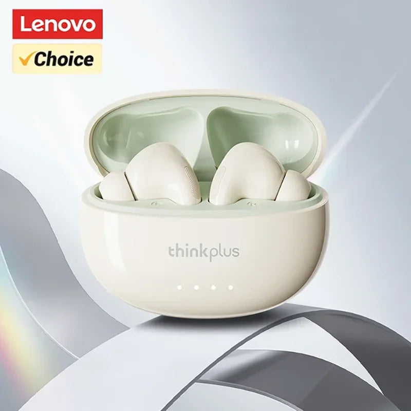 Off-white wireless earbuds in a rounded matching charging case, featuring a modern, minimalist design.