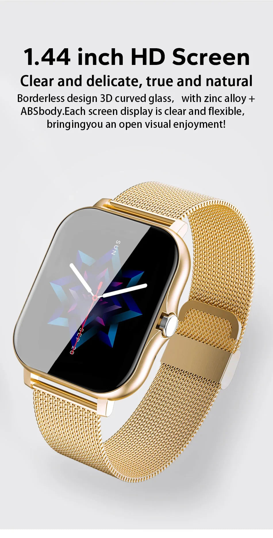 Gold smart watch with a 1.44-inch curved touchscreen and metallic mesh strap, showcasing a star-themed digital display.
