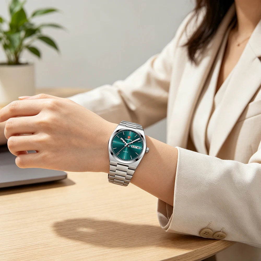 Women's ultra-thin quartz watch with a silver stainless steel strap and a sleek, emerald green circular dial.