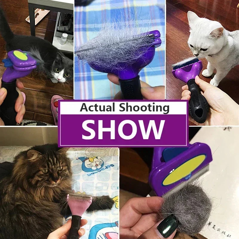 Purple and pink self-cleaning pet grooming brushes in use on cats, removing clumps of shed fur.