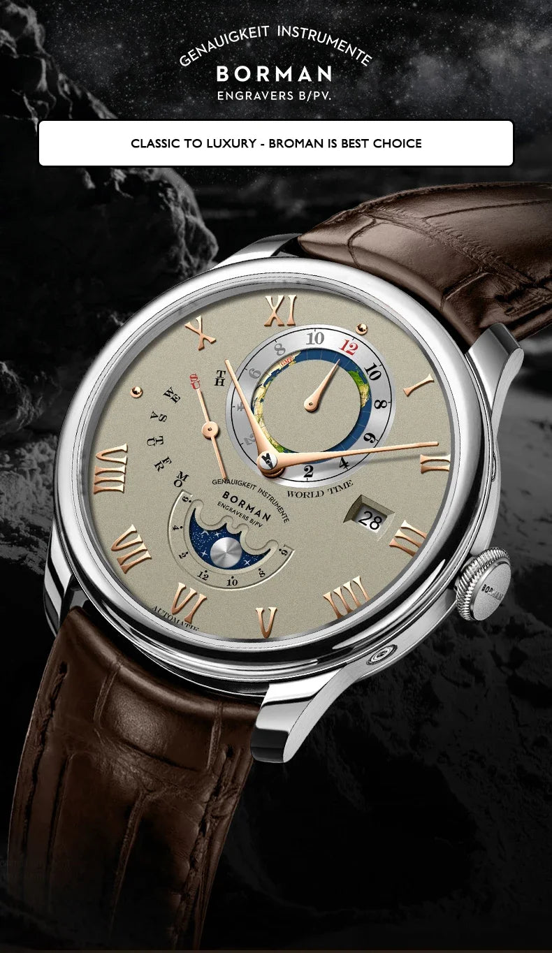 Men's automatic wristwatch with a beige dial, rose gold Roman numerals, world time sub-dial, moon phase and brown strap.