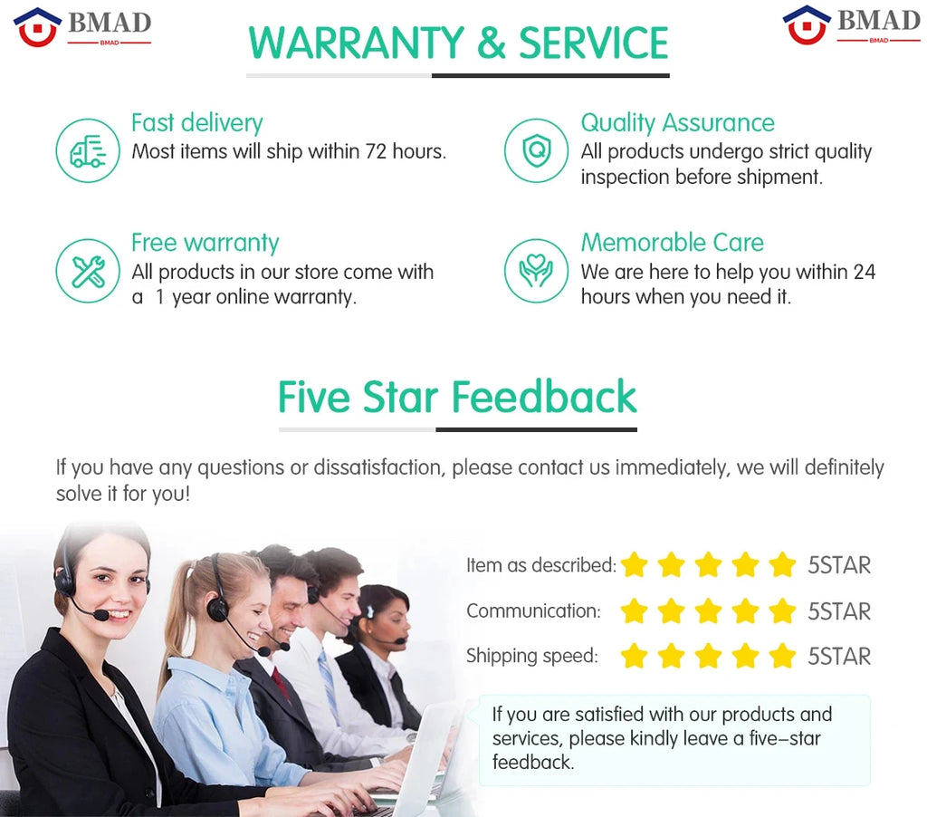 Customer service graphic detailing warranty, fast delivery, and quality assurance, featuring a support team.