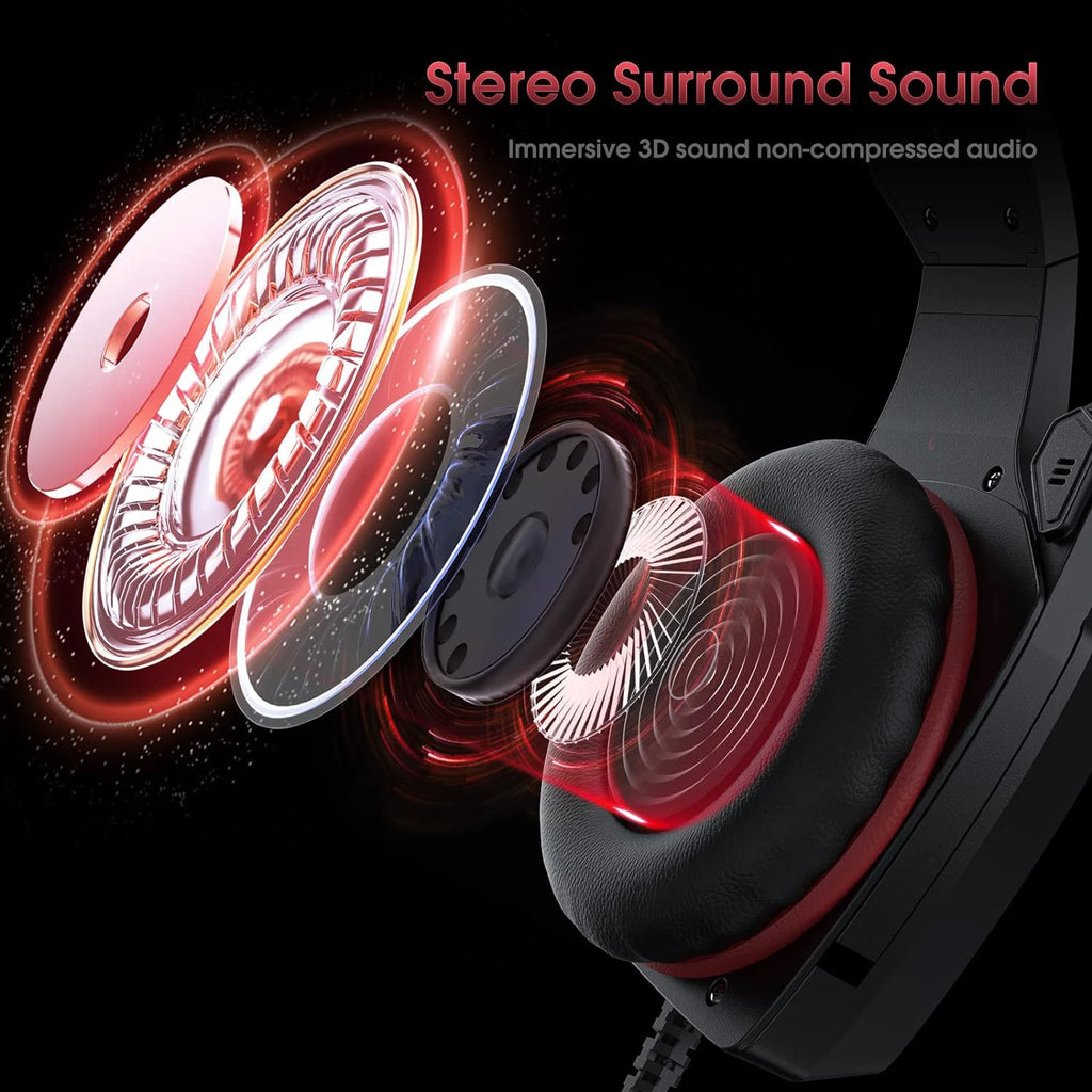 Black wired gaming headset showing an exploded view of internal audio components with red glowing surround sound effects.