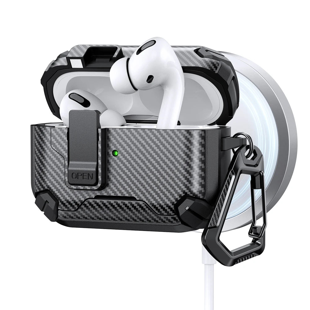 Rugged black carbon fibre-style protective case for AirPods Pro with locking clip and carabiner.