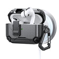 Rugged black carbon fibre-style protective case for AirPods Pro with locking clip and carabiner.