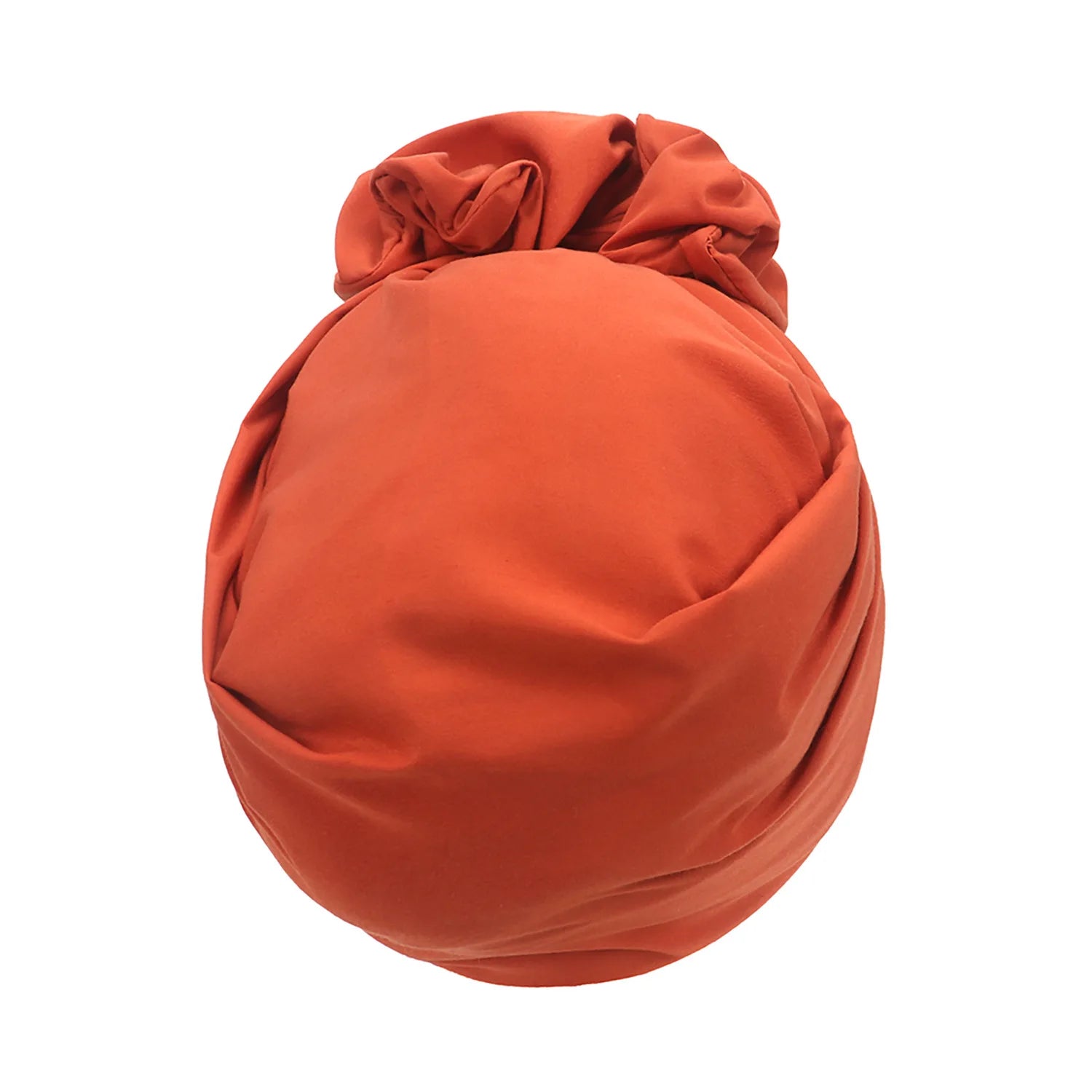 Rust-orange French-style turban hat with a ruched, knotted top detail, set against a plain white background.