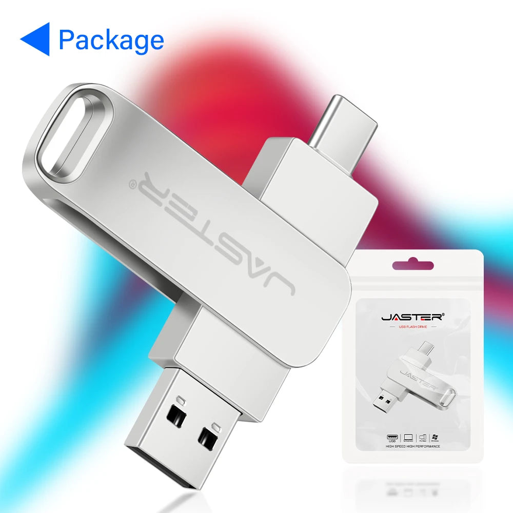 Silver 2-in-1 metal flash drive with USB-C and USB 2.0 connectors, shown with its retail packaging.