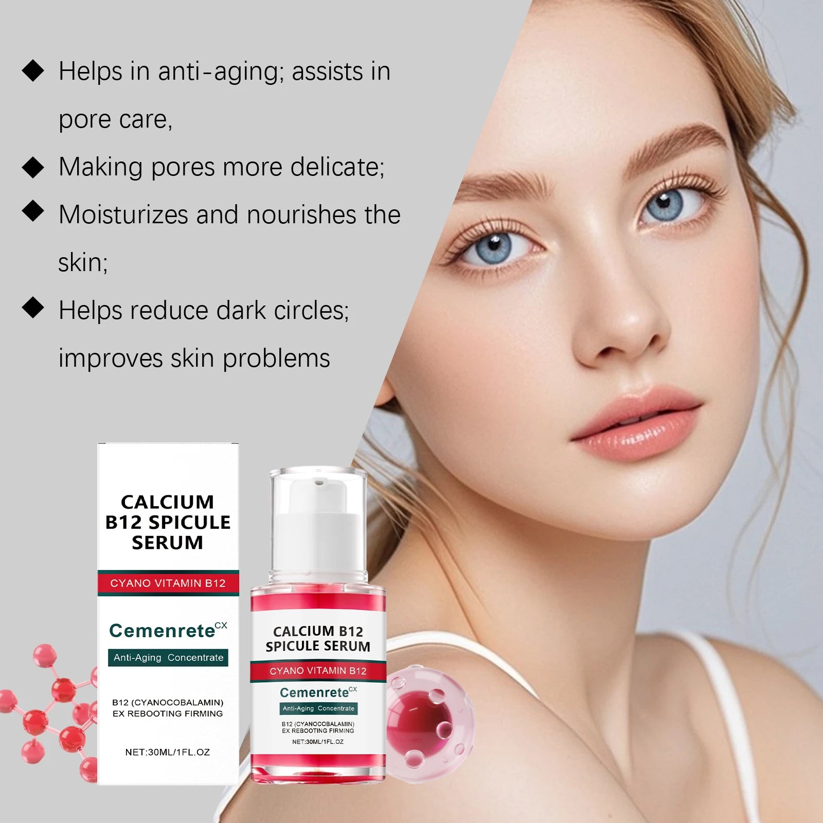 Anti-aging B12 face serum in a clear 30ml pump bottle with a matching box, featuring pink liquid and skin benefits.
