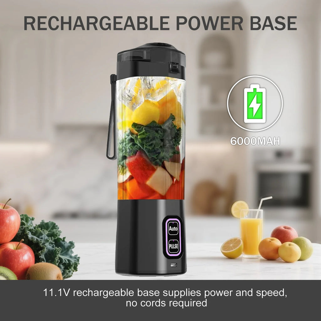 Black portable blender with a clear mixing cup, rechargeable base, and Auto/Pulse buttons on a kitchen counter.