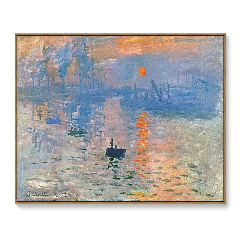Impressionist harbour wall art in a wooden frame. Features a blue, hazy seascape with an orange sunset reflection.