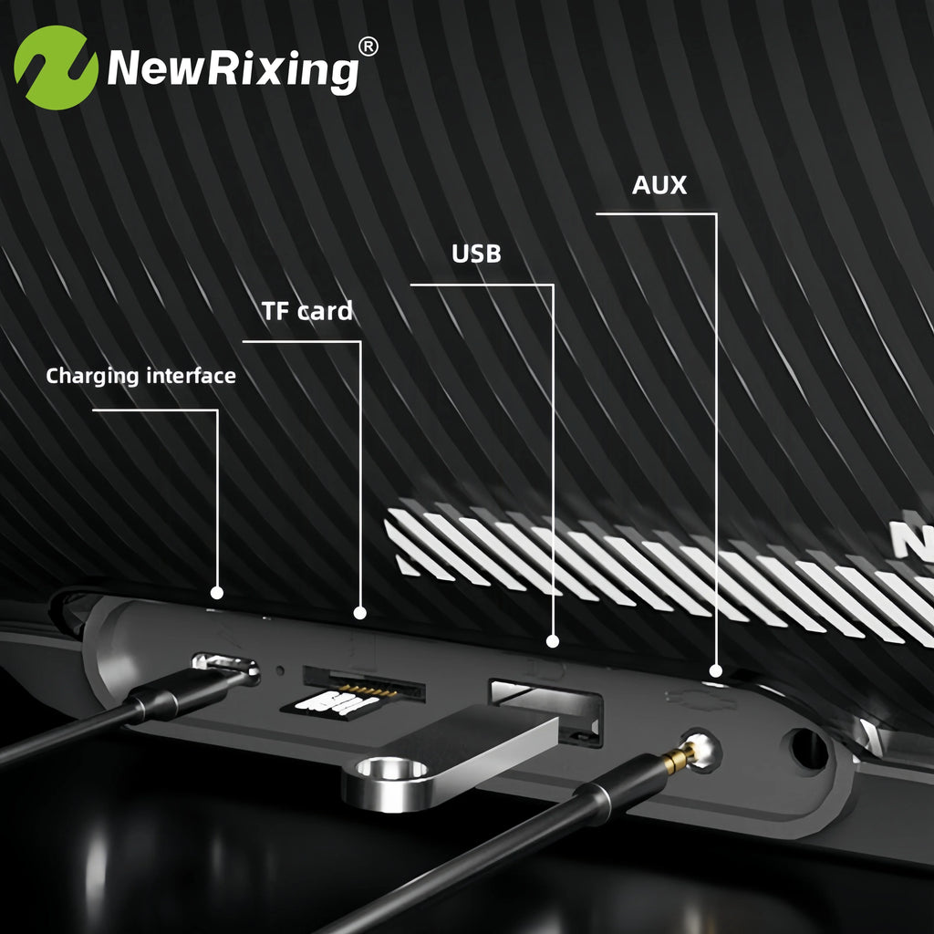 Close-up of a black wireless speaker showing ports for USB, AUX, TF card, and charging cable.