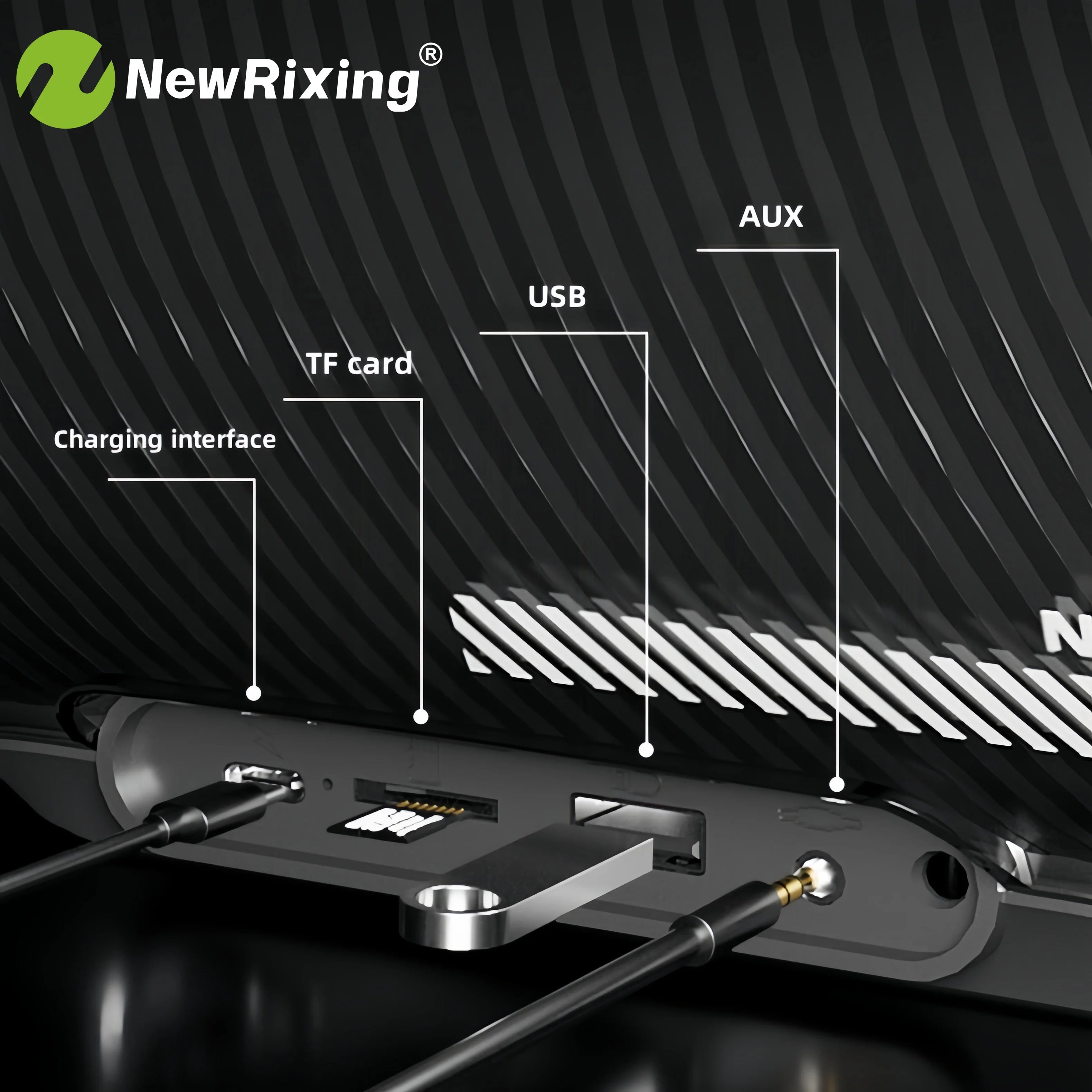 Close-up of a black wireless speaker showing ports for USB, AUX, TF card, and charging cable.