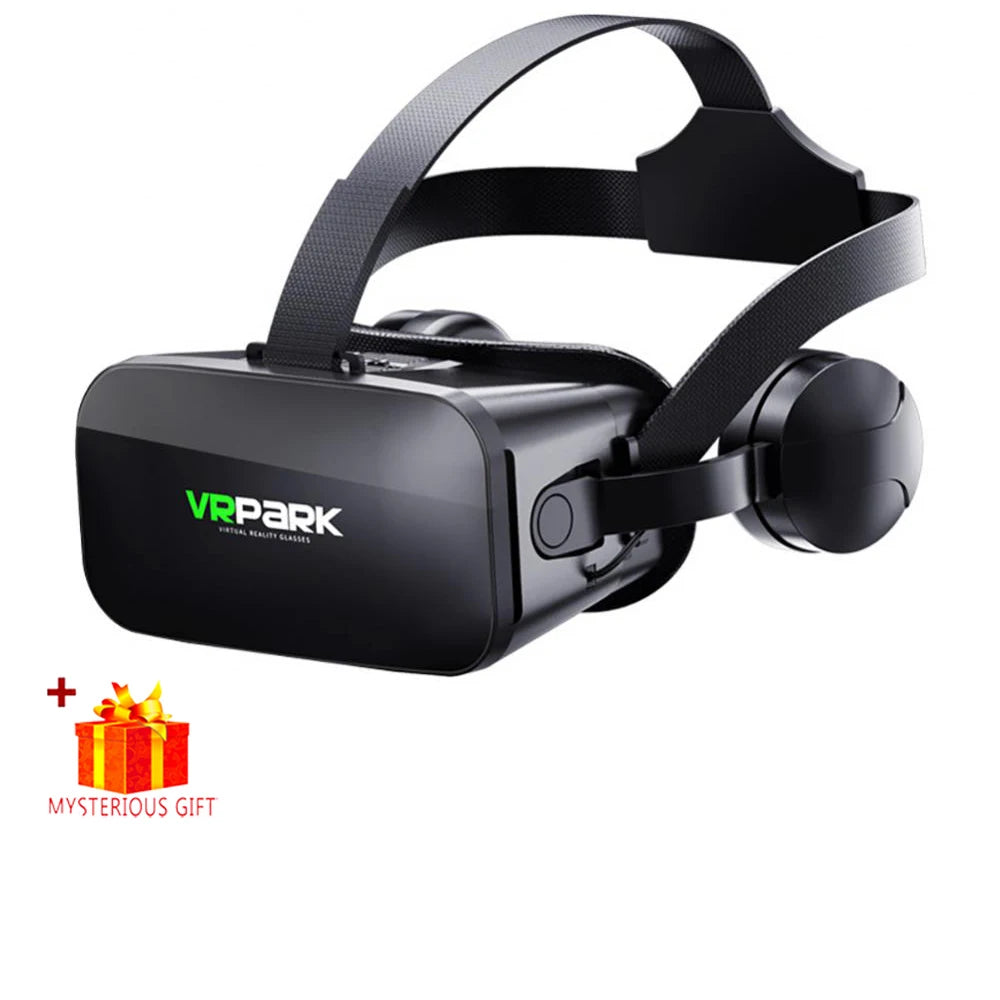 Sleek black VR headset with an adjustable head strap and integrated headphones, plus a small gift box icon.