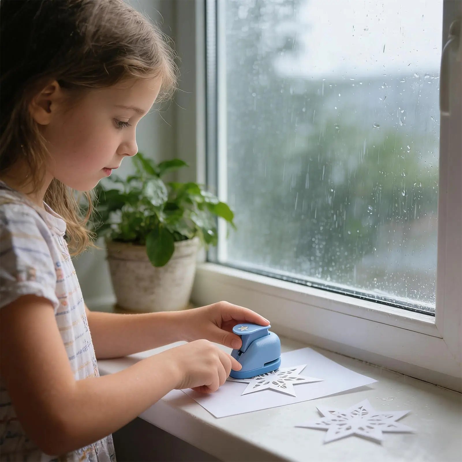 A young girl using a light blue star-shaped paper punch to create decorative paper snowflakes on a window ledge.