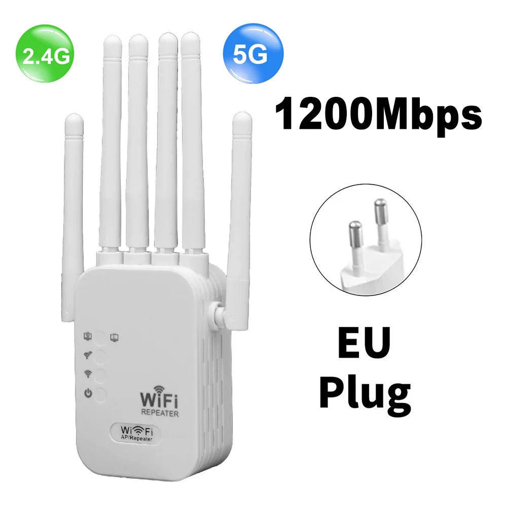 White 1200Mbps WiFi range extender with four external antennas and an EU plug design.