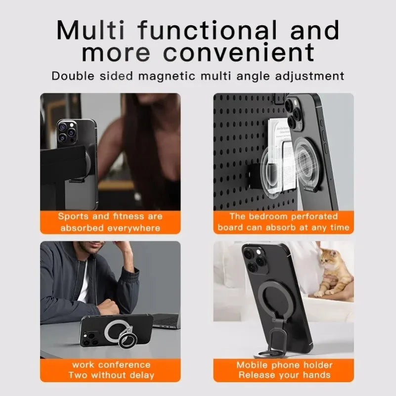 Black circular magnetic phone holder and stand with adjustable ring design, shown in various practical uses.