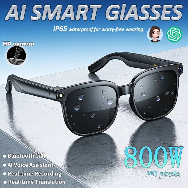 Sleek black waterproof smart glasses with an HD camera, featuring AI voice assistant, Bluetooth, and live translation.