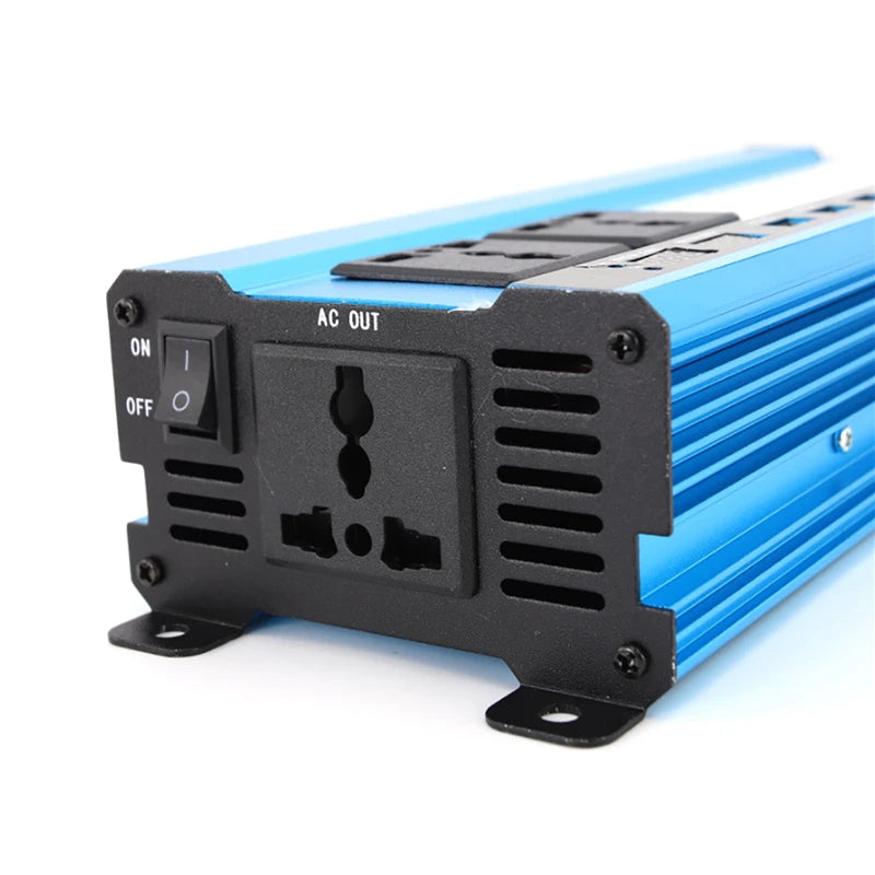 Blue metallic power inverter with a black front panel, AC power outlet, and an on/off rocker switch.
