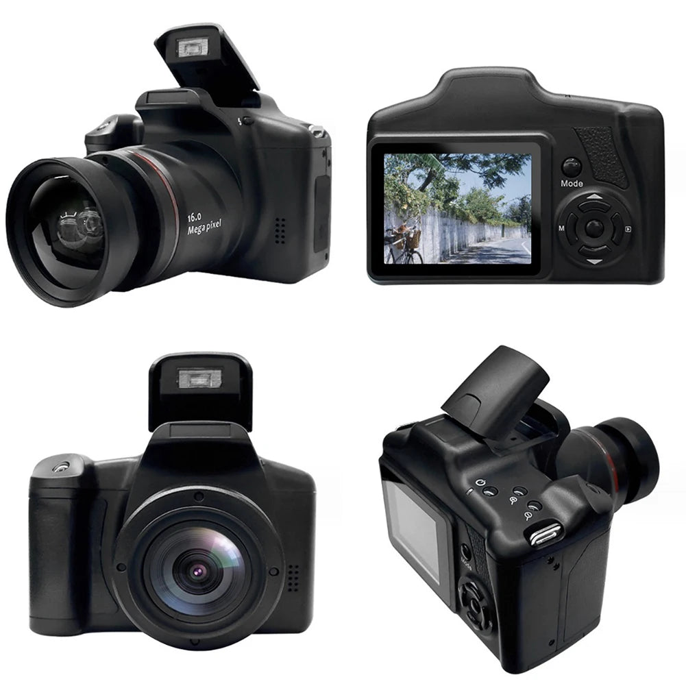 Black plastic 16-megapixel digital camera with a built-in pop-up flash, lens, rear LCD screen, and control buttons.
