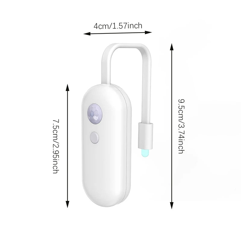 White, USB-rechargeable motion sensor toilet light with a flexible arm and indicator light, including size dimensions.