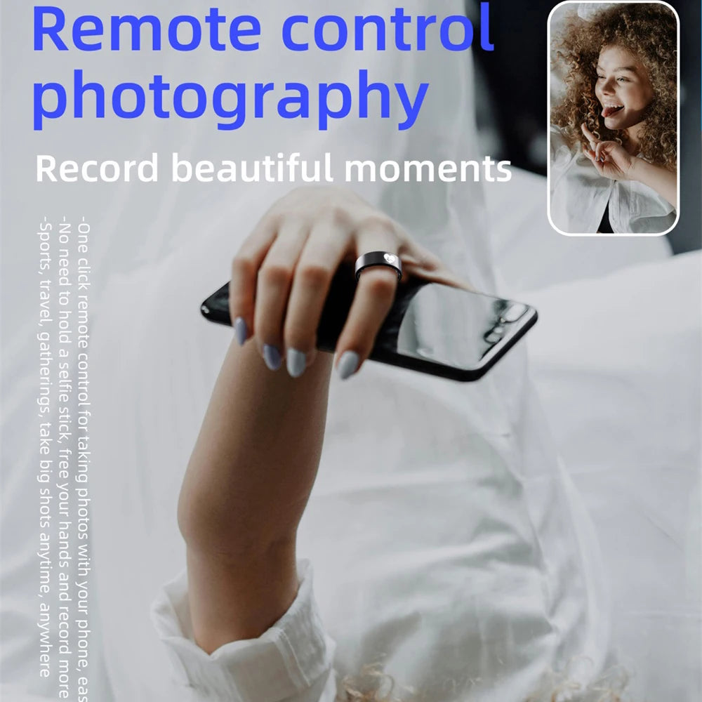 A person wearing a sleek black health-tracking smart ring while using it as a remote control for mobile photography.