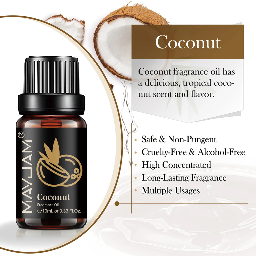 10ml bottle of coconut fragrance oil in amber glass, featuring a tropical coconut design and descriptive benefits list.
