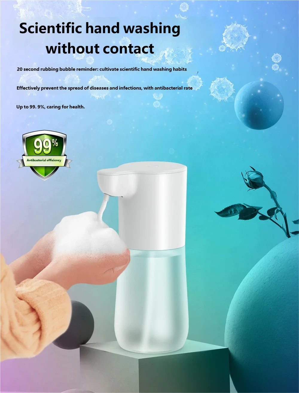 White, automatic touchless foam soap dispenser with a 350ml clear base, dispensing foam onto a person’s hands.