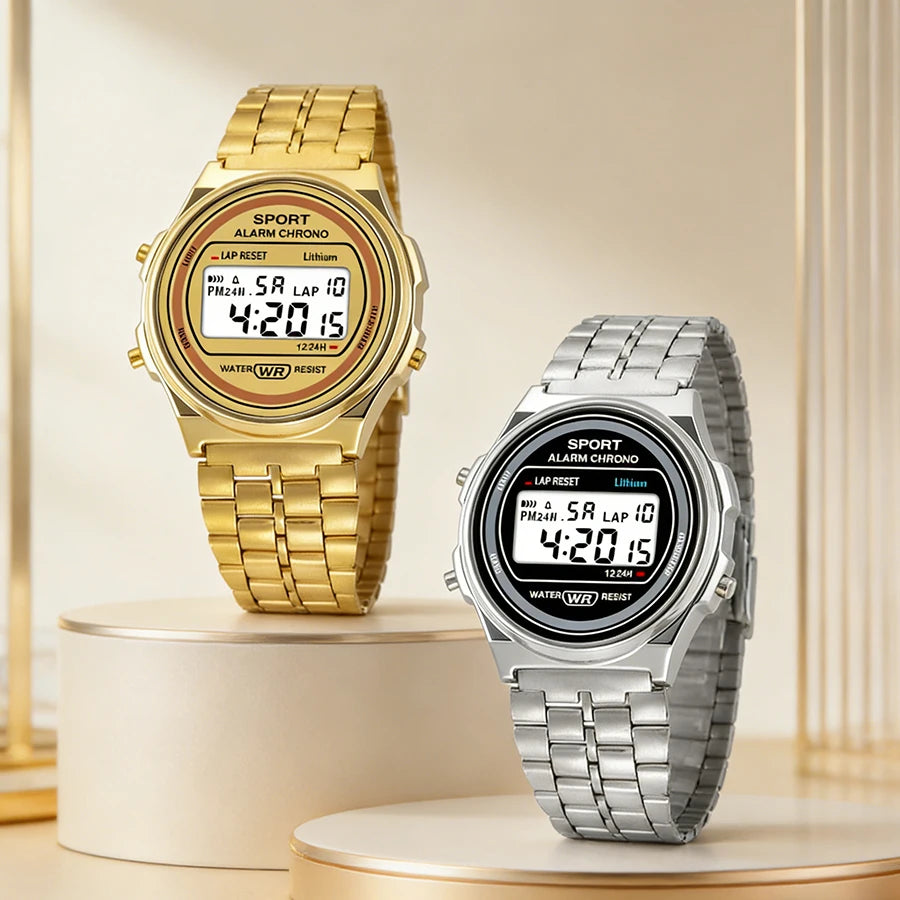 Two retro-style digital watches with metal link straps in gold and silver, featuring alarm and chronograph functions.