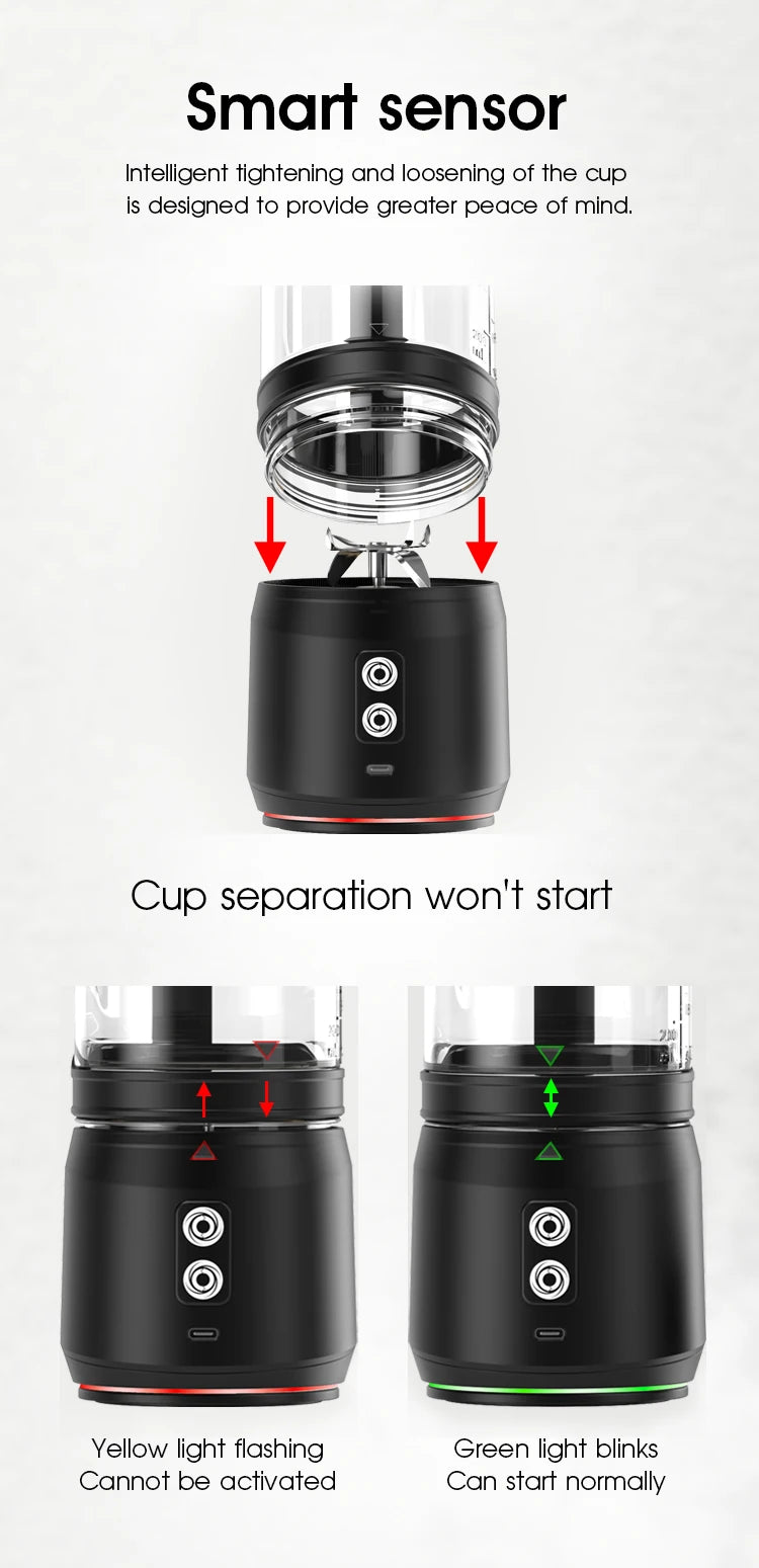Black portable blender with a clear cup and safety sensor lights. Diagram showing assembly and status light indicators.