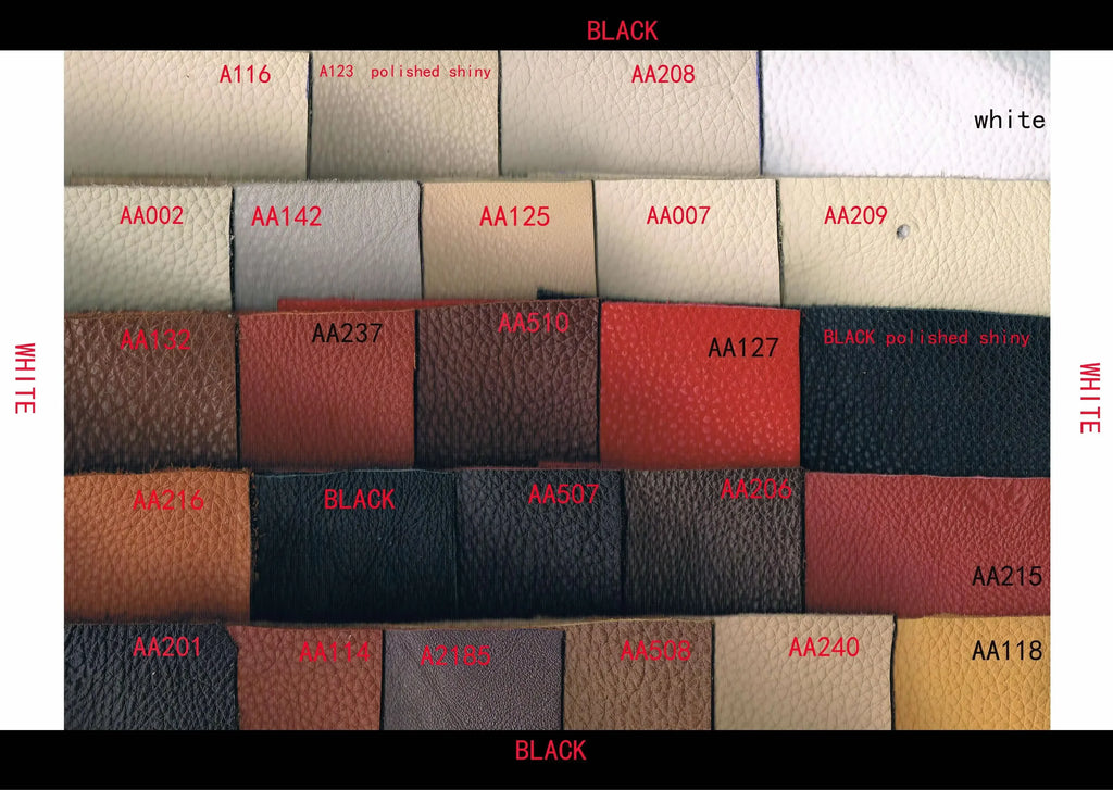 A grid of genuine leather swatches in various colours, including neutral tones, red, brown, black, and textured finishes.