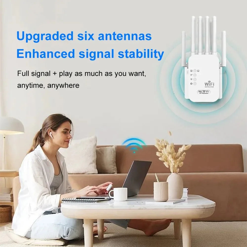 White WiFi signal booster with six antennas, shown in a modern living room with a woman using a laptop.