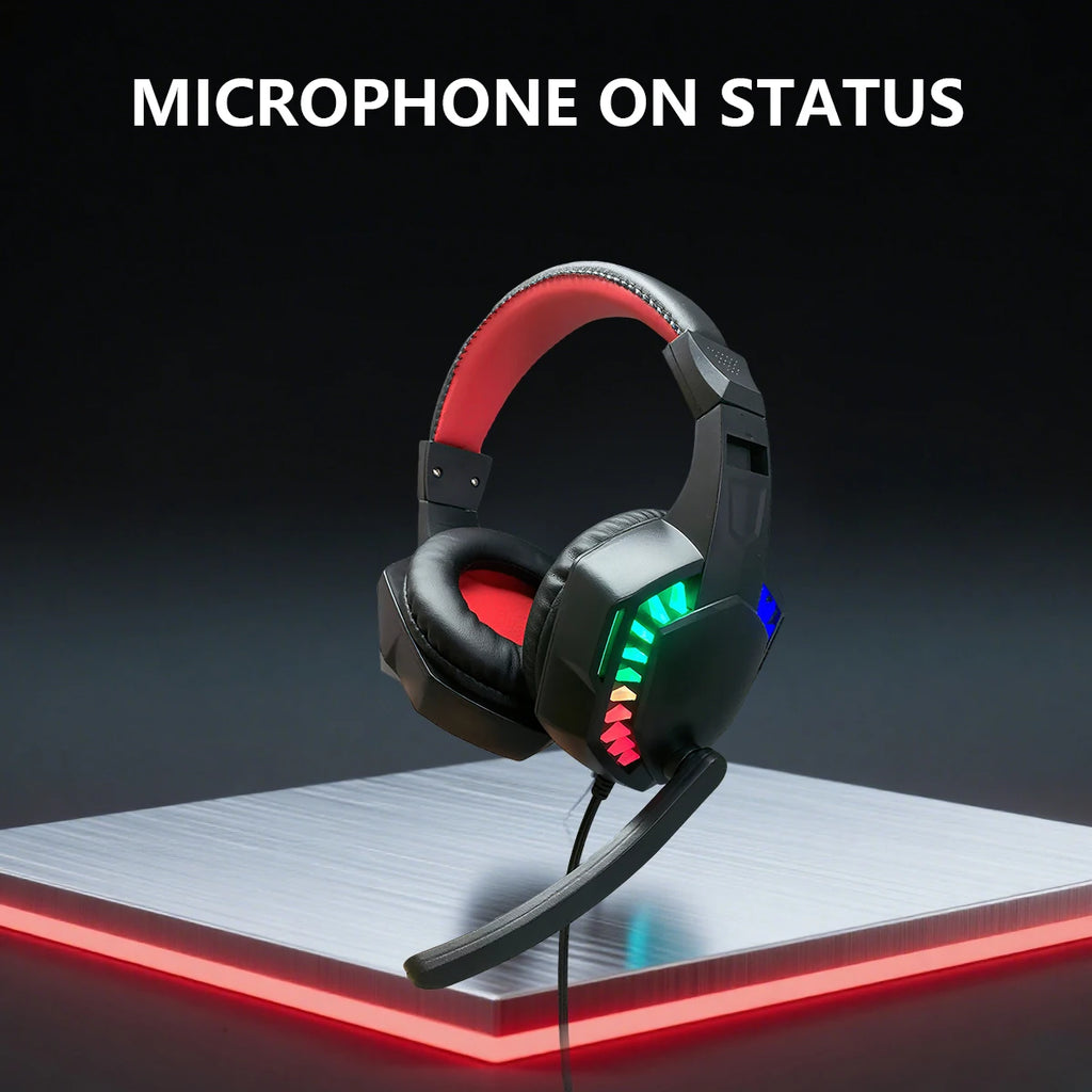 Wired over-ear gaming headset in black and red with integrated microphone and colourful glowing RGB side lighting.