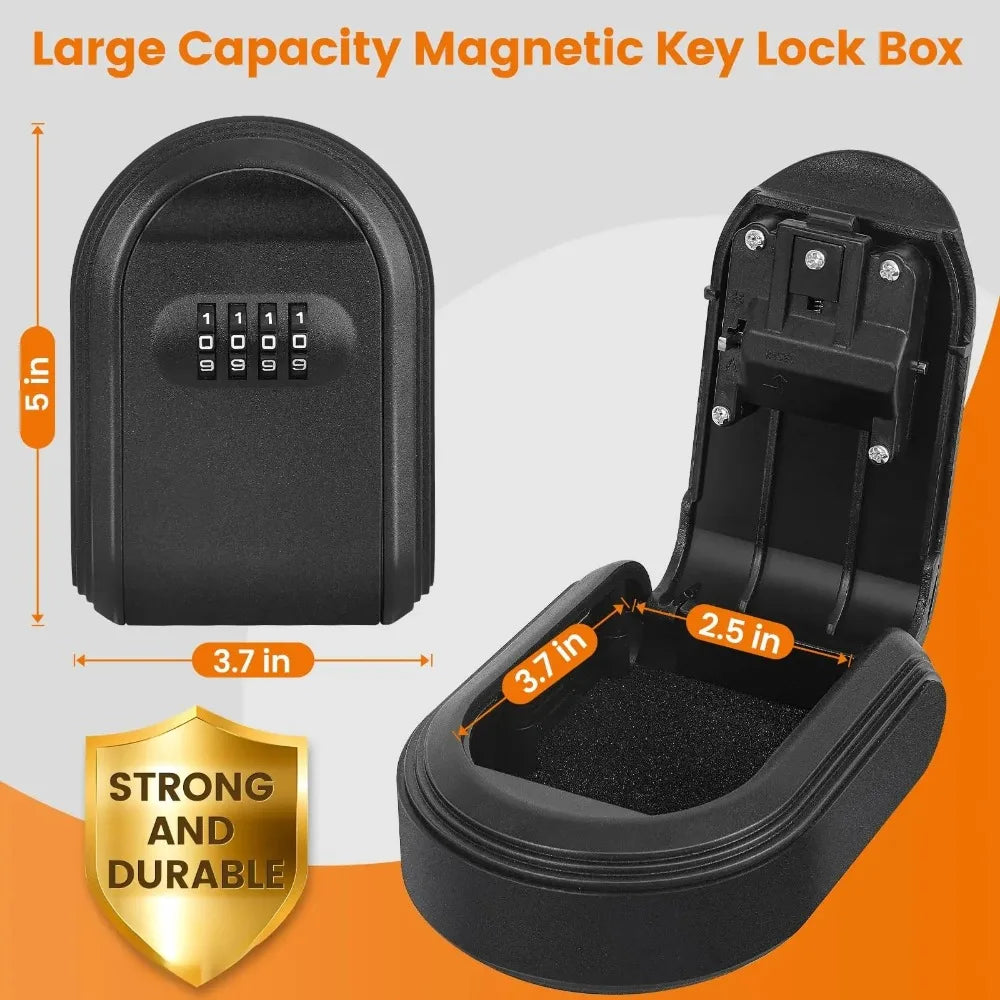 Black plastic magnetic key lock box with a 4-digit combination dial and 5-inch by 3.7-inch dimensions.