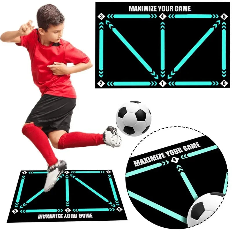 Child footballer practicing on a black and neon blue numbered agility training mat with a standard soccer ball.
