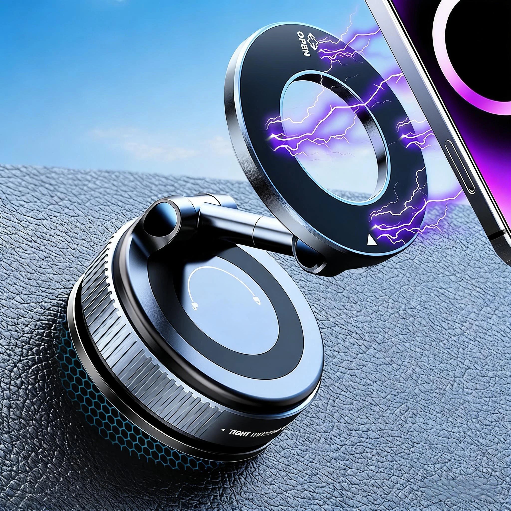 Metallic grey magnetic car phone mount with a rotating arm and circular design, featuring purple electrical light effects.