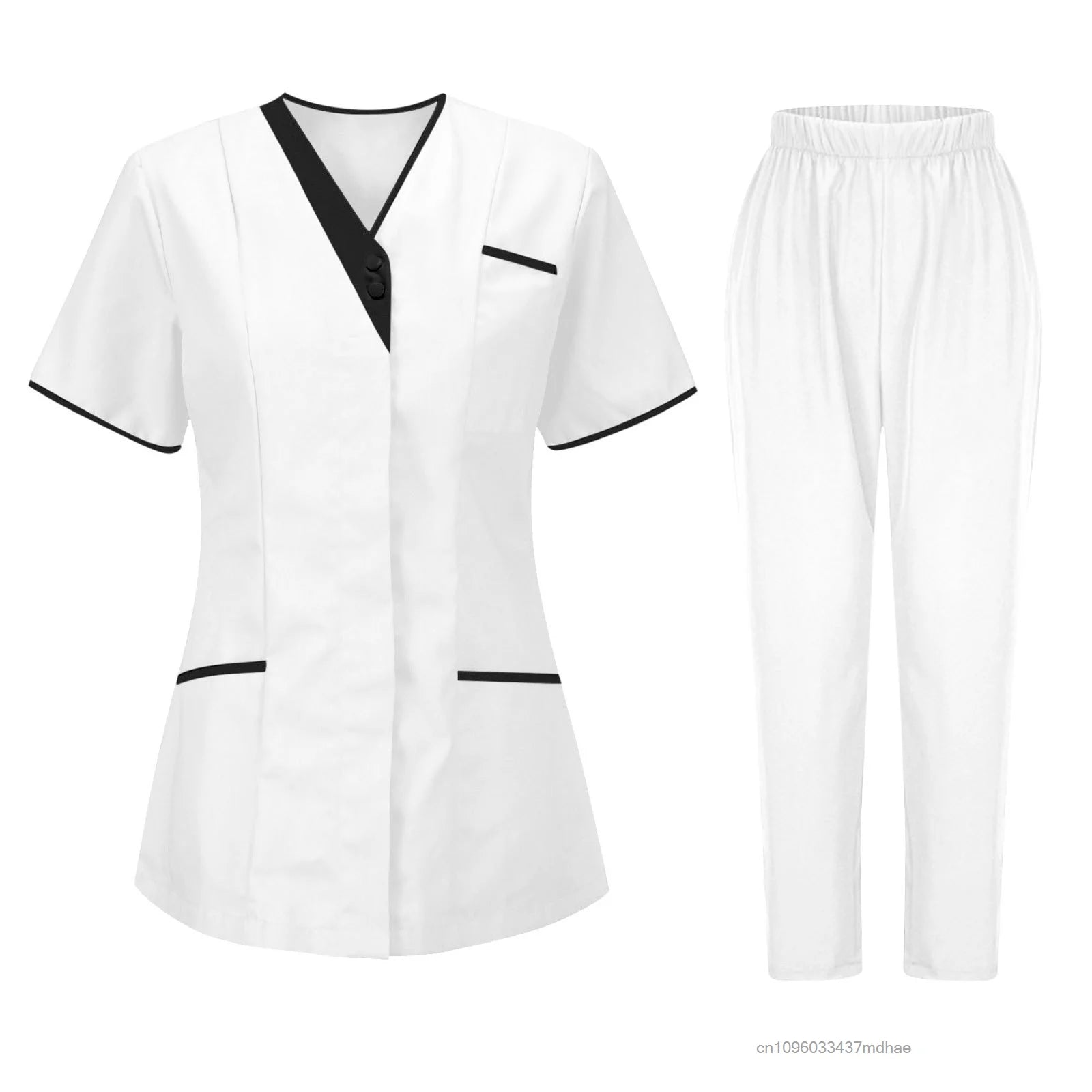 White V-neck salon or healthcare uniform set with black trim detail, short-sleeved tunic, and elasticated trousers.