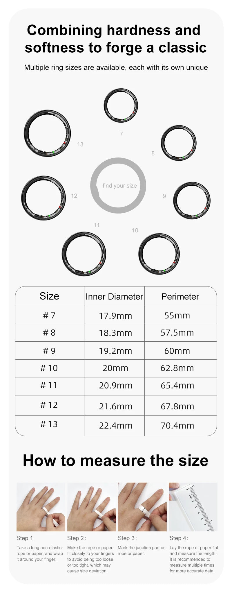 Black smart health tracker ring size guide showing multiple ring sizes, a diameter chart and finger measuring steps.