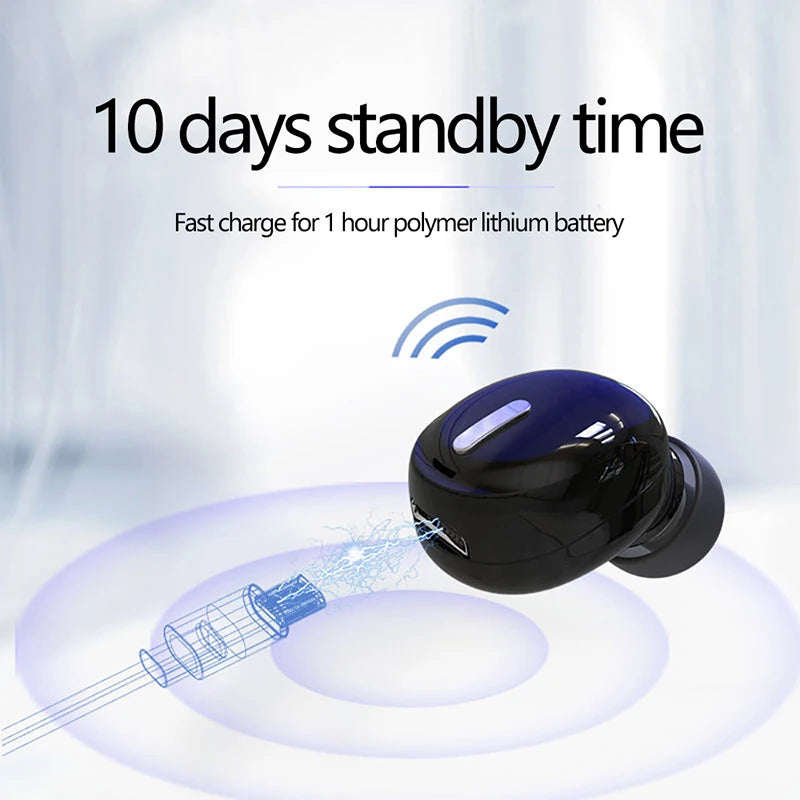 Black wireless mini earbud being charged by a cable, featuring a sleek, compact design and 10-day standby time.