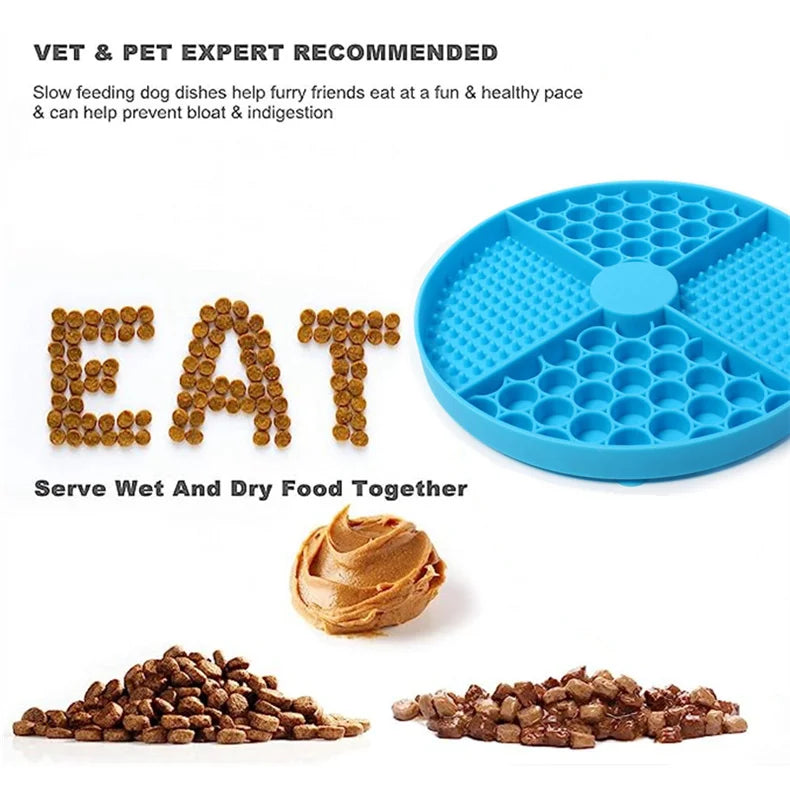 Blue circular silicone slow-feeder pet bowl with divided textured sections for wet and dry food.