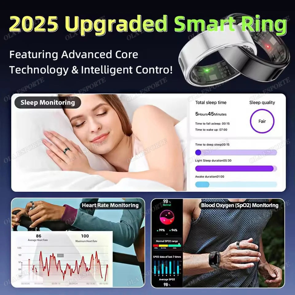 Sleek silver and black health tracking rings, showing app features for sleep, heart rate, and blood oxygen monitoring.