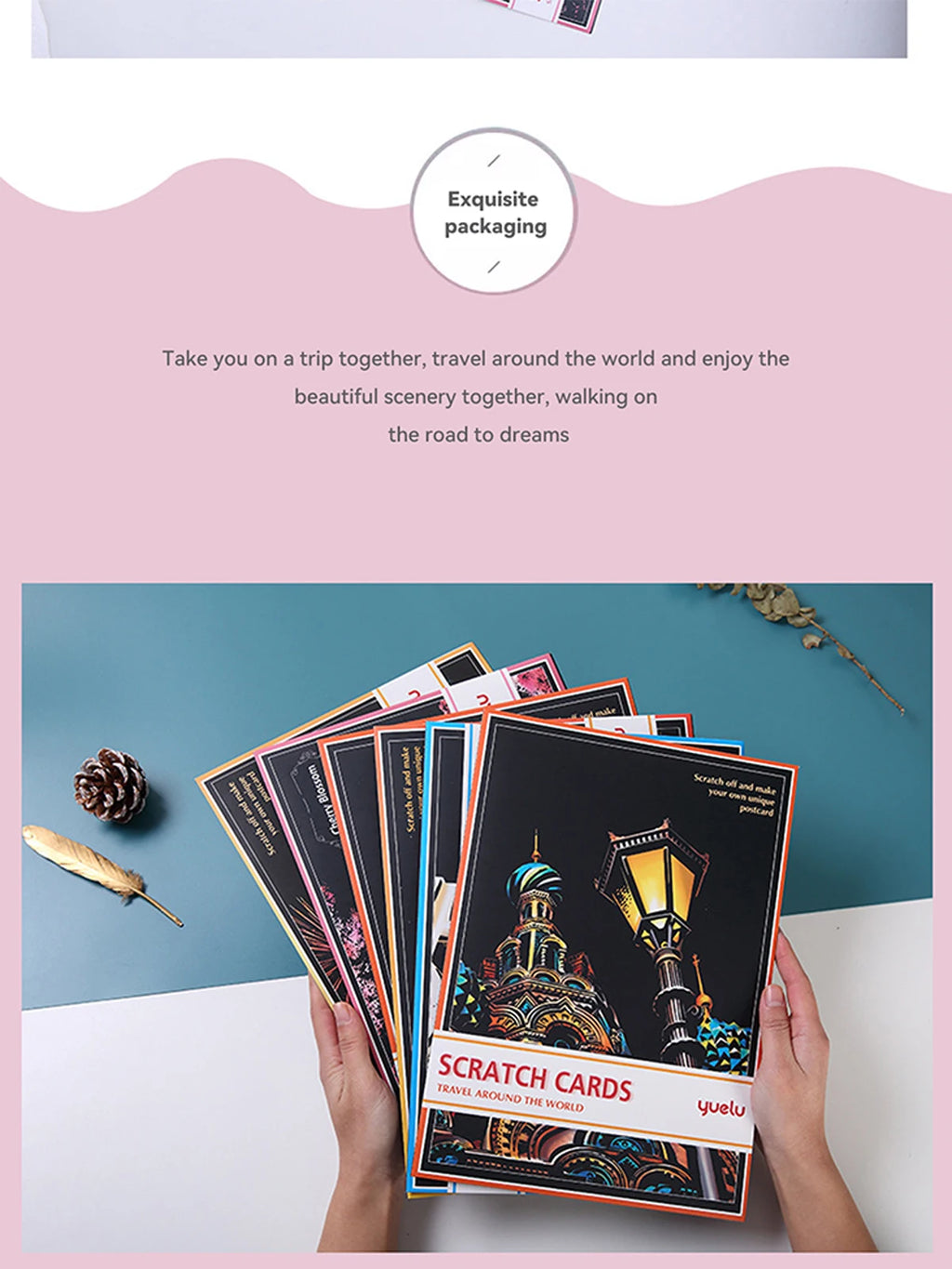 Hands holding a set of travel-themed scratch-off art cards featuring iconic landmarks in black and vibrant colours.