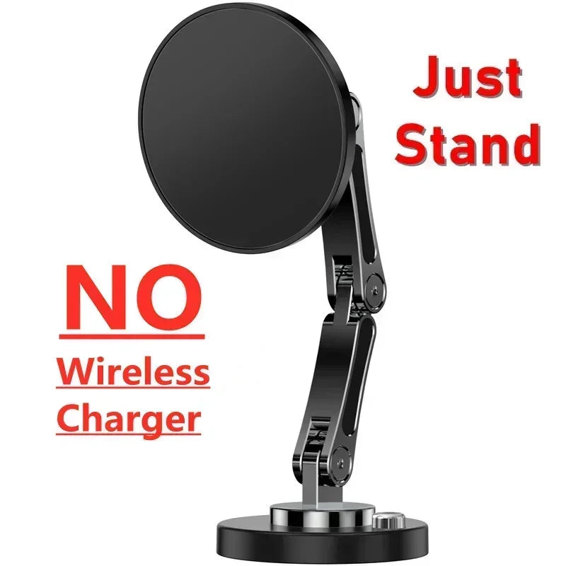 A black, adjustable, articulating phone stand with a circular mounting head and heavy circular base. No charger included.
