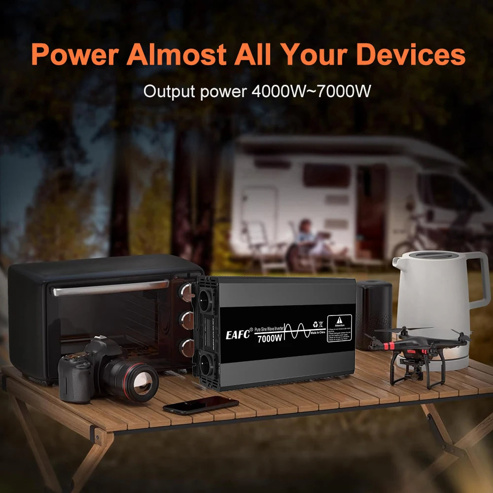 Black 12V to 220V pure sine wave power inverter on a table, shown powering a toaster, kettle, camera and drone.