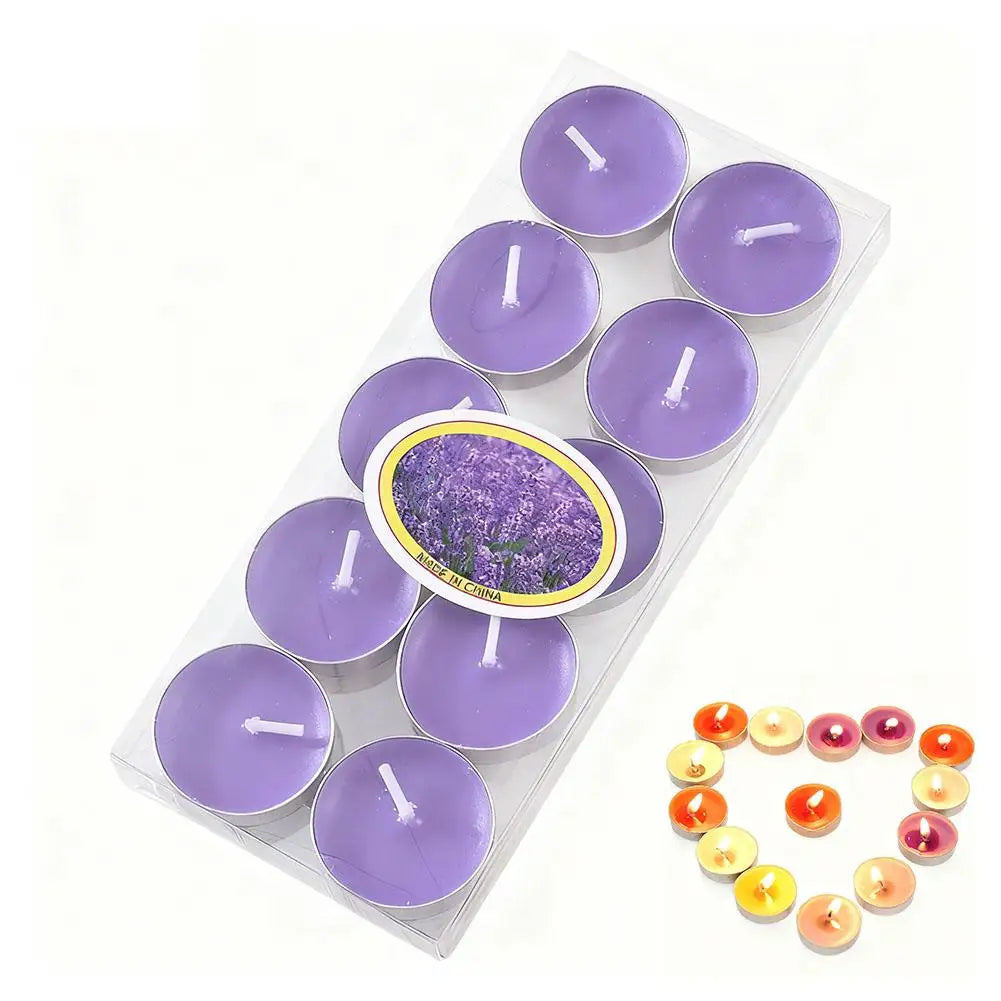 Pack of purple lavender-scented tea light candles, plus loose multi-coloured candles arranged in a heart shape.