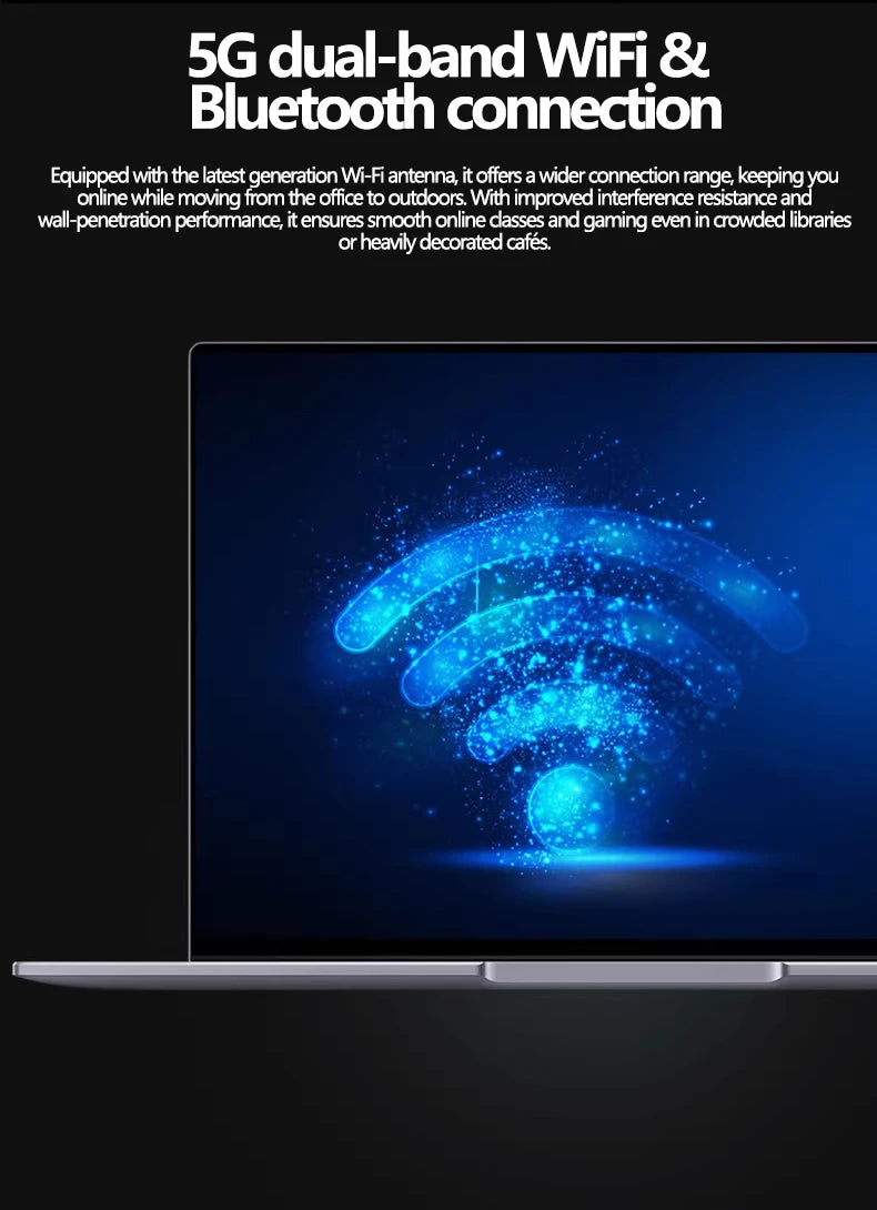 Sleek grey 15.6-inch laptop screen displaying a bright blue glowing Wi-Fi symbol, highlighting dual-band connectivity.